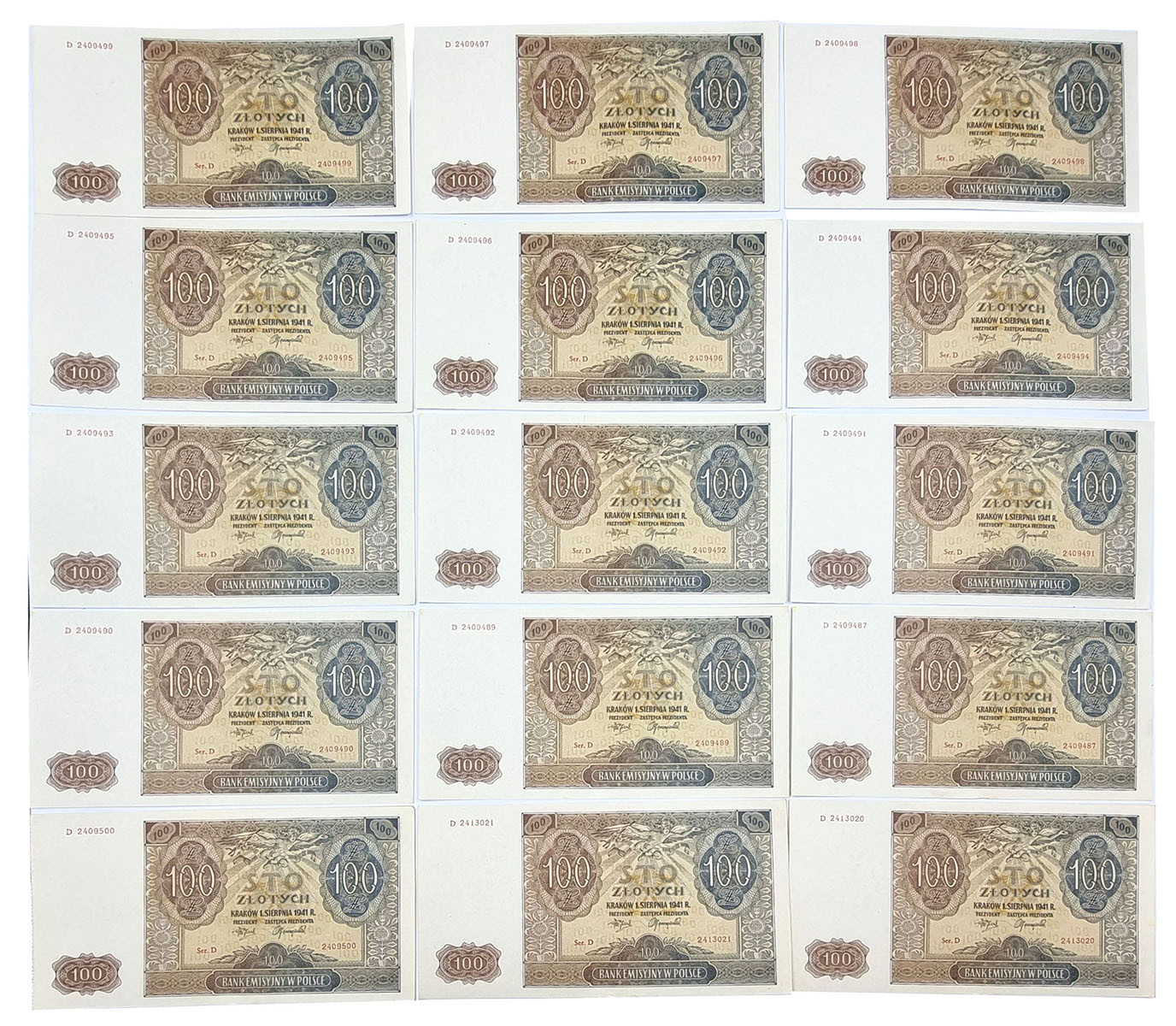 100 złotych 1941, seria D, zestaw 15 sztuk